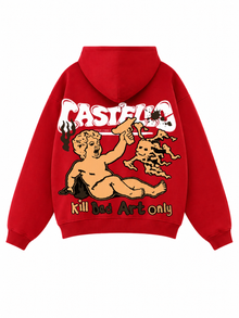 Back view of the red Castello Acid Wash Double-Zip Hoodie