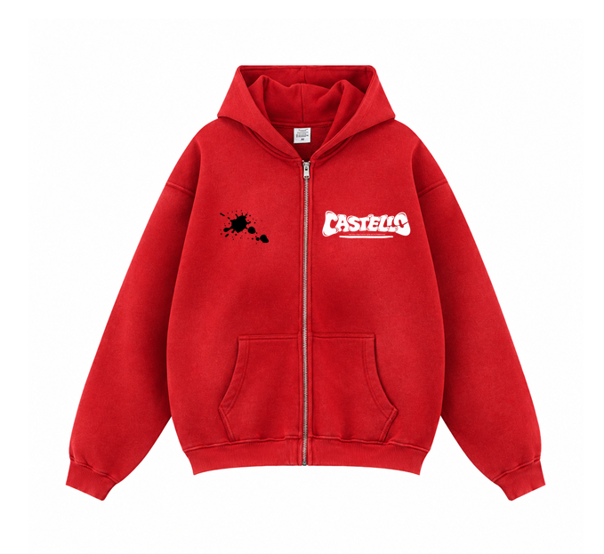 Front view of the red Castello Acid Wash Double-Zip Hoodie